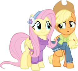 Size: 2776x2520 | Tagged: safe, edit, edited screencap, editor:mrtoonlover83, screencap, applejack, fluttershy, earth pony, pegasus, pony, g4, applejack's hat, background removed, clothes, cowboy hat, duo, duo female, earmuffs, female, hat, looking at each other, looking at someone, not a vector, scarf, simple background, sweater, transparent background, winter outfit