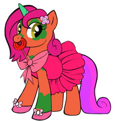 Size: 1024x1024 | Tagged: oc name needed, safe, artist:lyra heartstrings13, oc, oc only, unnamed oc, unicorn, accessory, avatar maker: pony, ballerina, ballet slippers, bow, candy, clothes, dress, food, horn, lollipop, makeup, mismatched mane and tail, mouth hold, multicolored tail, tail