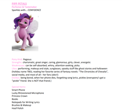 Size: 869x795 | Tagged: safe, edit, edited screencap, part of a set, screencap, pipp petals, pegasus, pony, g5, my little pony: a new generation, my little pony: make your mark, official, leak, article, bio, colored hooves, crown, draft, english, female, g.m. berrow, gold hooves, green eyes, hooves, jewelry, looking at you, mare, note, phone, pink coat, purple mane, purple tail, raised hoof, raised leg, regalia, show bible, smiling, smiling at you, spread wings, tail, text, wings, writer:gillian berrow