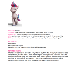 Size: 888x785 | Tagged: safe, edit, edited screencap, part of a set, screencap, zipp storm, pegasus, pony, g5, my little pony: a new generation, my little pony: make your mark, official, leak, article, bio, blue eyes, draft, element of courage, english, female, g.m. berrow, looking at you, mare, note, show bible, silver hooves, smiling, smiling at you, tail, text, two toned mane, two toned tail, white coat, wings, writer:gillian berrow