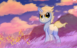 Size: 1920x1200 | Tagged: safe, artist:nootaz, oc, oc only, oc:nootaz, pony, unicorn, butt, cloud, female, grass, grass field, horn, looking back, mare, outdoors, plot, sky, solo, sparkles, windswept mane