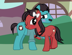 Size: 5500x4158 | Tagged: safe, artist:alicesponycorner, oc, earth pony, pony, g4, blushing, couple, duo, hug, one eye closed, outdoors, ponified, ponysona, ponyville, randy marsh, ship:norandy, shipping, show accurate, smiling, south park