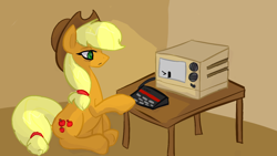 Size: 1366x768 | Tagged: safe, artist:anonymous, earth pony, pony, g4, /mlp/, 2015, applejack's hat, cel shading, colored, computer, cowboy hat, cursor, drawthread, female, hat, mare, nostalgia critic, old computer, old tv, requested art, shading, sitting, solo, table, tv set, zx-81