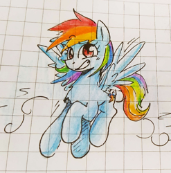 Size: 681x689 | Tagged: safe, artist:mirio_p2, rainbow dash, pegasus, pony, g4, colored, flying, full body, full color, graph paper, solo, traditional art