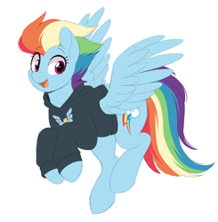 Size: 2360x2410 | Tagged: safe, artist:higglytownhero, rainbow dash, pegasus, pony, g4, my little pony: friendship is magic, clothes, eye clipping through hair, female, flying, high res, hoodie, looking at you, mare, older, older rainbow dash, open mouth, open smile, simple background, smiling, smiling at you, soarin's cutie mark, solo, spread wings, white background, wings