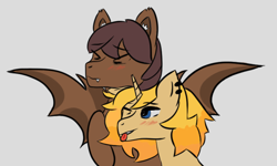 Size: 1158x697 | Tagged: safe, artist:jalemons, oc, oc:aureus zest, oc:dusty eclipse, bat pony, unicorn, bat wings, blushing, cuddling, duo, duo focus, duo male, horn, male, totally not gay, wings