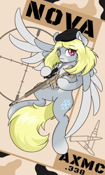 Size: 3000x5000 | Tagged: safe, artist:sealedseal, oc, oc only, oc:nova frost, pegasus, pony, semi-anthro, female, mare, solo, weapon