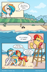 Size: 1522x2339 | Tagged: safe, artist:skysorbett, oc, oc only, oc:peach bubble, oc:twister joy, pegasus, pony, unicorn, comic:breaking free #2, beach, clothes, comic, female, horn, lifeguard, male, mare, ocean, outdoors, stallion, swimsuit, water