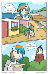 Size: 1522x2339 | Tagged: safe, artist:skysorbett, oc, oc only, oc:twister joy, pegasus, pony, comic:breaking free #2, building, clock tower, comic, house, male, ocean, outdoors, stallion, street, town, water