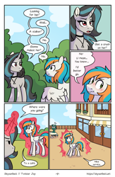 Size: 1522x2339 | Tagged: safe, artist:skysorbett, oc, oc only, oc:smoky spectre, oc:twister joy, bird, crow, pegasus, pony, unicorn, comic:breaking free #2, building, cafe, comic, female, glowing, glowing horn, horn, magic, male, mare, outdoors, stallion, teleportation