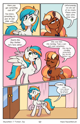 Size: 1522x2339 | Tagged: safe, artist:skysorbett, oc, oc only, oc:hazel blossom, oc:twister joy, earth pony, pegasus, pony, comic:breaking free #2, comic, female, indoors, male, mare, stallion