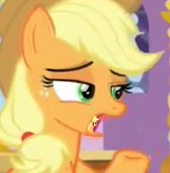 Size: 523x532 | Tagged: safe, artist:blitzy, edit, edited screencap, screencap, applejack, g4, make new friends but keep discord, my little pony: friendship is magic, appletini, cropped, in mouth, inception, micro, self paradox, solo