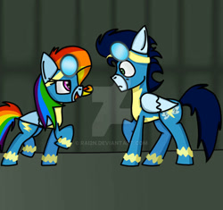 Size: 639x600 | Tagged: safe, artist:rai2n, rainbow dash, soarin', pegasus, pony, g4, my little pony: friendship is magic, newbie dash, clothes, deviantart watermark, duo, duo male and female, female, male, mare, obtrusive watermark, rainbow fash, ship:soarindash, shipping, stallion, straight, uniform, watermark, wonderbolts uniform