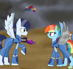 Size: 639x600 | Tagged: safe, artist:rai2n, rainbow dash, soarin', pegasus, pony, g4, alternate timeline, amputee, apocalypse dash, artificial wings, augmented, crystal war timeline, female, male, mare, outdoors, prosthetic limb, prosthetic wing, prosthetics, ship:soarindash, shipping, stallion, straight, wings