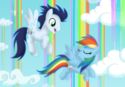 Size: 4081x2840 | Tagged: safe, alternate version, artist:soarindasher10, rainbow dash, soarin', pegasus, pony, g4, cloud, duo, duo male and female, female, male, mare, outdoors, rainbow waterfall, ship:soarindash, shipping, stallion, straight