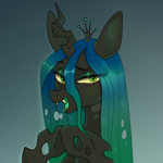 Size: 1500x1500 | Tagged: safe, artist:sociofag, queen chrysalis, changeling, changeling queen, g4, blushing, bust, fangs, female, gradient background, gradient mane, horn, open mouth, open smile, smiling, solo