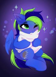 Size: 2748x3752 | Tagged: safe, artist:empress-twilight, oc, oc:electric storm, pegasus, pony, blue coat, blue eyeshadow, blushing, cheek fluff, colored pupils, commission, ear fluff, eye clipping through hair, eyebrows, eyebrows visible through hair, eyelashes, eyeshadow, feathered wings, female, female oc, gradient background, green eyes, green pupils, hock fluff, holding, hug, leg fluff, makeup, mare, mare oc, nom, one eye closed, partially open wings, pegasus oc, pillow, pillow hug, saturated, sparkles, tail, three quarter view, two toned mane, two toned tail, wing fluff, wings, ych result