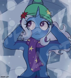 Size: 1868x2048 | Tagged: safe, artist:eltrash_art6, trixie, unicorn, anthro, g4, beanie, blushing, breasts, clothes, coat, female, gloves, hat, horn, scarf, solo, watermark, winter outfit