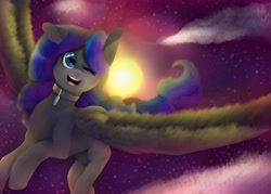 Size: 2560x1829 | Tagged: safe, artist:dorry, oc, oc only, pegasus, pony, cloud, cloudy, collar, female, female oc, flying, looking at you, mare, mare oc, old art, one ear down, one eye closed, open mouth, open smile, outdoors, pegasus oc, reflection, signature, sky, smiling, smiling at you, solo, spread wings, stars, sun, sunset, wings