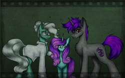 Size: 2377x1472 | Tagged: safe, artist:darklight1315, oc, oc only, oc:dr.slewwy, oc:lavender smoke, oc:starless tundra, crystal pony, crystal unicorn, pony, unicorn, fallout equestria, clothes, fallout equestria: dark delirium, family, female, horn, lab coat, male, mare, stallion, trio