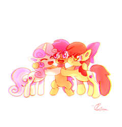 Size: 2620x2728 | Tagged: safe, artist:jaanhavi, apple bloom, scootaloo, sweetie belle, earth pony, pegasus, pony, unicorn, g4, cmc day, cutie mark crusaders, eyes closed, female, filly, foal, group hug, high res, horn, hug, one eye closed, open mouth, open smile, simple background, smiling, trio, trio female, white background