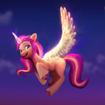 Size: 3997x4000 | Tagged: safe, artist:debbie yeo, sunny starscout, alicorn, pony, g5, my little pony: a new generation, official, artificial horn, artificial wings, augmented, concept art, ethereal mane, female, flying, horn, magic, magic horn, magic wings, mane stripe sunny, mare, open mouth, open smile, outdoors, race swap, smiling, solo, striped tail, sunnycorn, tail, unshorn fetlocks, wings