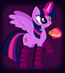 Size: 2867x3198 | Tagged: safe, artist:catponything, twilight sparkle, alicorn, pony, g4, burger, clothes, food, hay burger, levitation, magic, magic aura, raised hoof, smiling, socks, spread wings, standing on three hooves, striped socks, telekinesis, that pony sure does love burgers, twilight burgkle, twilight sparkle (alicorn), wings