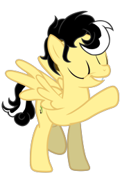 Size: 5500x7383 | Tagged: safe, artist:alicesponycorner, oc, oc only, oc:alice azalea, pegasus, g4, adobe, big smile, black hair, eyes closed, full body, green eyes, happy, high res, raised hoof, raised leg, render, show accurate, simple background, skunk stripe, smiling, spread wings, transparent background, wings, yellow coat