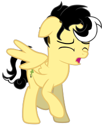 Size: 5500x6734 | Tagged: safe, artist:alicesponycorner, oc, oc only, oc:alice azalea, pegasus, g4, adobe, black hair, crying, floppy ears, full body, green eyes, high res, open mouth, pain, raised hoof, raised leg, render, sad, show accurate, simple background, skunk stripe, spread wings, transparent background, wings, yellow coat