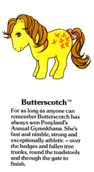 Size: 550x1000 | Tagged: safe, butterscotch (g1), earth pony, pony, g1, my little pony fact file, official, bow, closed mouth, cute, female, g1 adorascotch, g1 backstory, mare, smiling, solo, tail, tail bow, text