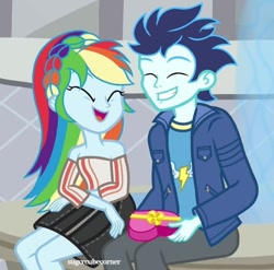 Size: 608x600 | Tagged: safe, rainbow dash, soarin', human, equestria girls, g4, alternate clothes, chocolate box, clothes, cute, cutie mark on clothes, dashabetes, female, happy, laughing, male, ship:soarindash, shipping, skirt, straight