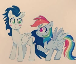 Size: 707x600 | Tagged: artist needed, safe, rainbow dash, soarin', pegasus, pony, g4, female, male, mare, ship:soarindash, shipping, stallion, straight, traditional art