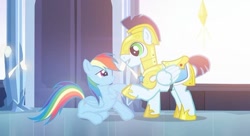 Size: 720x391 | Tagged: safe, edit, edited screencap, screencap, rainbow dash, soarin', pegasus, pony, equestria girls, g4, my little pony equestria girls, armor, character swap, female, indoors, male, mare, royal guard soarin', ship:soarindash, shipping, stallion, straight