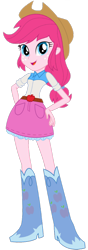 Size: 396x1125 | Tagged: safe, artist:doomstroyer, applejack, pinkie pie, human, equestria girls, g4, belt, belt buckle, blue eyes, boots, clothes, clothes swap, cowboy boots, cowboy hat, cowgirl, denim, denim skirt, eyelashes, hat, high heel boots, palette swap, pink hair, recolor, shirt, shoes, simple background, skirt, solo, stetson, white background