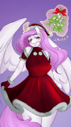 Size: 1614x2910 | Tagged: safe, artist:evlass, princess celestia, anthro, princess molestia, g4, belly, belly button, big breasts, bra, breasts, busty princess celestia, christmas, clothes, commission, female, gloves, hat, holiday, mistletoe, santa dress, santa hat, socks, solo, thigh highs, underwear, ych sketch, your character here