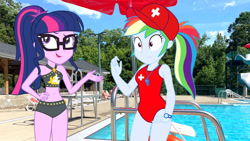 Size: 1280x721 | Tagged: safe, artist:draymanor57, artist:mlpfan3991, artist:richardchibbard, edit, edited screencap, screencap, rainbow dash, sci-twi, twilight sparkle, equestria girls, g4, baseball cap, belly, belly button, cap, clothes, clothes swap, duo, duo female, female, glasses, hand out, hat, leather, leather bikini, lifeguard dash, meh, midriff, one-piece swimsuit, physique difference, ponytail, sleeveless, slender, sunset shimmer's beach shorts swimsuit, swimsuit, swimsuit swap, thin, waterparks, whistle, whistle necklace