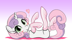 Size: 3000x1811 | Tagged: safe, artist:anonymous, sweetie belle, pony, unicorn, g4, blank flank, blushing, clothes, female, filly, foal, gradient background, heart, horn, lace, lying down, on back, socks, solo