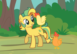 Size: 10293x7291 | Tagged: safe, artist:alicesponycorner, oc, oc only, oc:hippy dippy, bird, chicken, earth pony, pony, g4, animal, ear piercing, forest, green eyes, male, nature, outdoors, piercing, ponysona, raised hoof, raised leg, screencap background, show accurate, smiling, solo, stallion, stoner, tree, yellow coat