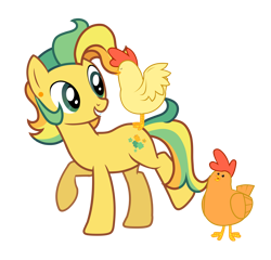 Size: 6899x6619 | Tagged: safe, artist:alicesponycorner, oc, oc only, oc:hippy dippy, bird, chicken, earth pony, pony, g4, animal, ear piercing, green eyes, male, piercing, ponysona, raised hoof, raised leg, show accurate, smiling, solo, stallion, yellow coat