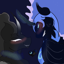 Size: 1280x1280 | Tagged: safe, nightmare moon, pony of shadows, princess luna, alicorn, unicorn, g4, artemygia, darkhorse knight, female, heart, horn, lunar, male, mare, night, prince artemis, rule 63, ship:styuna, shipping, smiling, smirk, stallion, straight, stygia