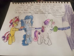 Size: 4032x3024 | Tagged: safe, artist:batman714, kettle corn, petunia paleo, sweetie belle, earth pony, pony, unicorn, g4, bipedal, female, filly, foal, horn, pulling, rope, singing, tree