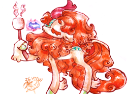 Size: 8376x6192 | Tagged: safe, artist:mannybcadavera, autumn blaze, kirin, g4, absurd resolution, eyes closed, female, fire, fire breath, floppy ears, food, hoof hold, marshmallow, roasted marshmallow, signature, simple background, solo, stick, traditional art, watercolor painting, white background