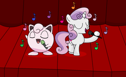 Size: 1280x786 | Tagged: safe, artist:starwarriorjian, sweetie belle, jigglypuff, pony, unicorn, g4, curtains, duo, female, filly, foal, horn, microphone, music notes, pokémon, singing, stage