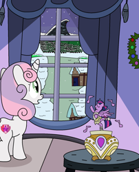 Size: 1348x1666 | Tagged: safe, artist:starwarriorjian, sweetie belle, twilight sparkle, alicorn, pony, unicorn, g4, ballerina, christmas, female, filly, foal, holiday, horn, music box, snow, solo, tutu, twilarina, twilight sparkle (alicorn)