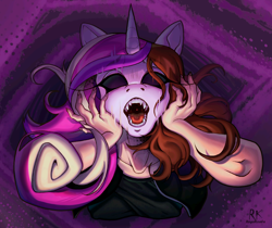 Size: 2048x1717 | Tagged: safe, artist:regakoala, princess cadance, human, g4, bust, fangs, human to anthro, mask, open mouth, solo, terrified, transformation