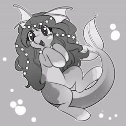 Size: 2700x2700 | Tagged: safe, artist:opalacorn, oc, oc only, oc:peachy splash, original species, pony, black and white, bubble, ear fins, female, fish tail, gray background, grayscale, hooves to the chest, mare, monochrome, open mouth, open smile, simple background, smiling, solo, tail, underwater, water