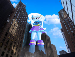 Size: 1024x768 | Tagged: safe, trixie, human, equestria girls, g4, boots, city, clothes, female, giant human, giantess, high heel boots, hoodie, macro, outdoors, shirt, shoes, skirt, solo, tower, trixie wearing her boots