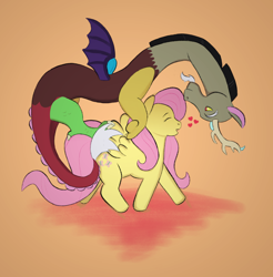 Size: 1484x1507 | Tagged: safe, artist:bloofoo, discord, fluttershy, draconequus, pegasus, pony, g4, eyes closed, female, heart, male, mare, riding, riding a pony, ship:discoshy, shipping, straight, walking