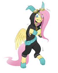 Size: 1218x1526 | Tagged: safe, artist:tentaclebaka, fluttershy, pegasus, pony, g4, bipedal, clothes, costume, dangerous mission outfit, female, goggles, hair over one eye, hoodie, hooves together, mare, partially open wings, scared, simple background, solo, sweat, walking, white background, wings