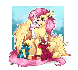 Size: 2795x2526 | Tagged: safe, artist:buvanybu, baby cinder, baby rubble, baby sparks, fluttershy, dragon, pegasus, pony, g4, my little pony: friendship is magic, sweet and smoky, baby, baby dragon, female, male, mare, one eye closed, open mouth, open smile, partially open wings, passepartout, smiling, wings